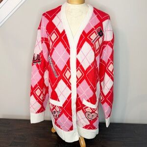 DC Comics Harley Quinn Diamond Cardigan NEW Large Red Pink